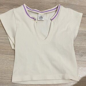 Cream Ribbed Fitted V-Neck Top